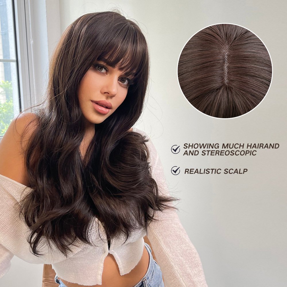 Long Brown Wigs With Bangs Wave Synthetic For Women - Image 8