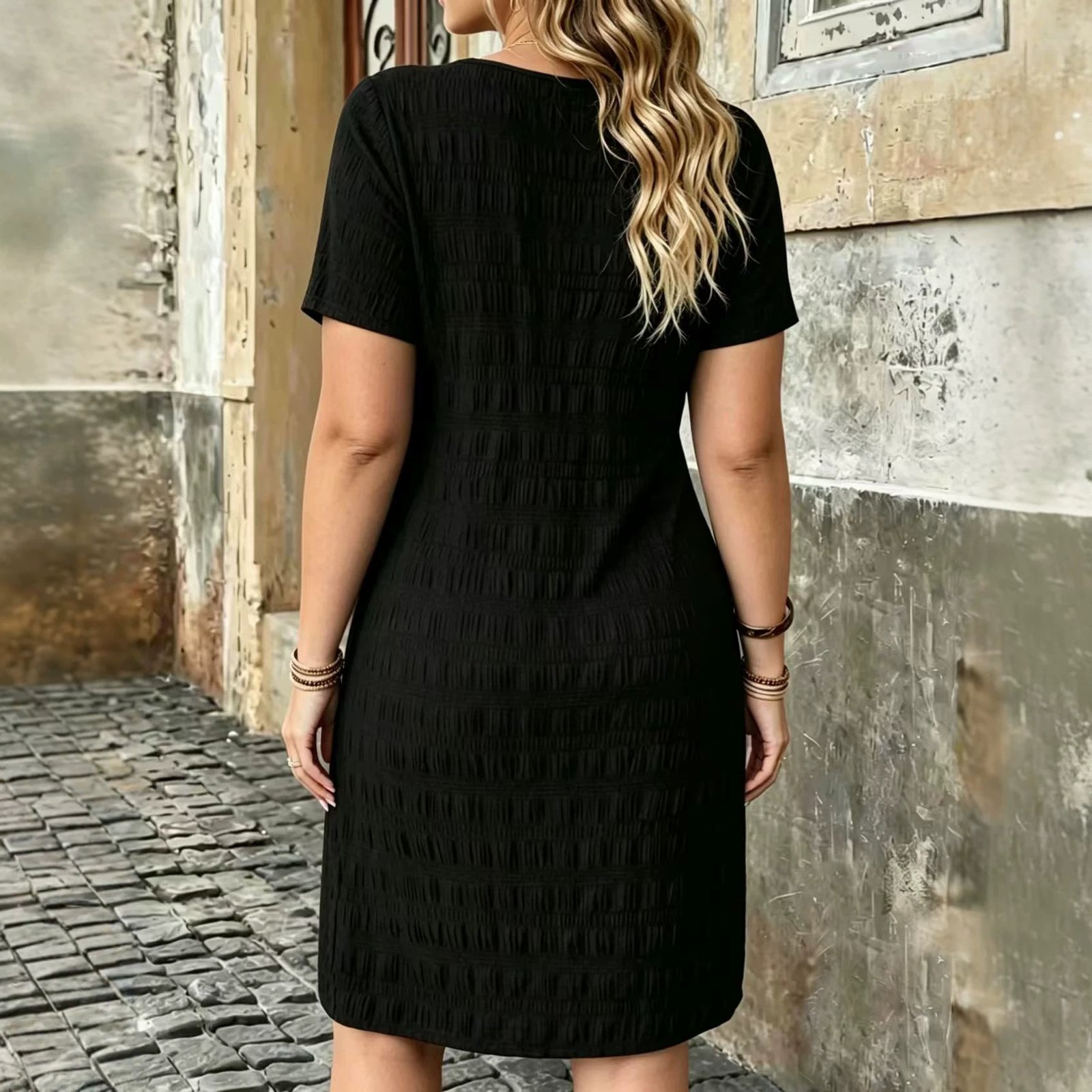 Plus-size Womens Solid-color V-neck Short-sleeve Dress - Image 2