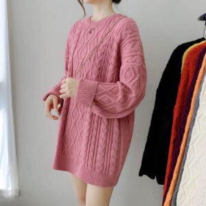 Girls' Mid-length Thickened Sweater Korean Style Lazy Style Loose Pullover Solid Color Crew Neck Coat