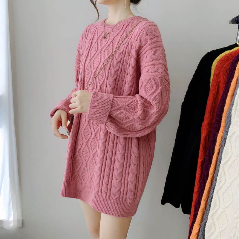 Girls' Mid-length Thickened Sweater Korean Style Lazy Style Loose Pullover Solid Color Crew Neck Coat
