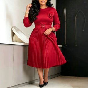 African-style Plus-size Red Pleated Long-sleeve Dress