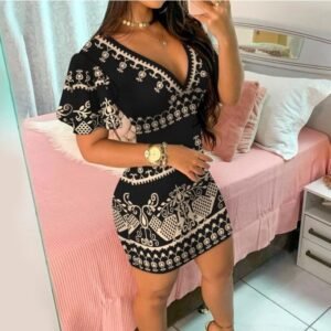 V-neck Short Sleeve Sheath Print Dress