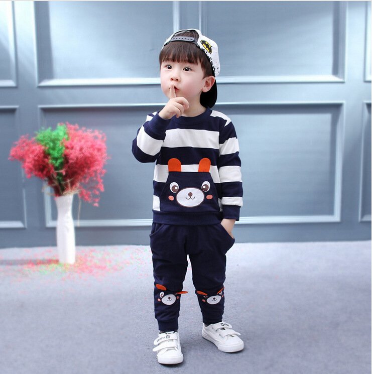 Children's Clothing Suit Boys And Girls Virgin Baby Cartoon Bear Striped Sweater Suit Children - Image 4