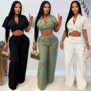 C7835 Cross-border 2026 New Women's Clothing European And American Style Lapel Kink Short Top Wide Leg Casual Pants Set