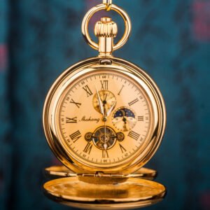 Pure Copper Double-Opening Flip-Top Mechanical Pocket Watch Sun Moon And Stars