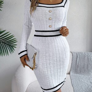 Elegant Square Neck Button Long Sleeve Sweater Dress