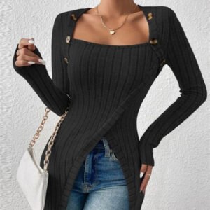 Button Split Long Sleeve Knitwear Square Collar